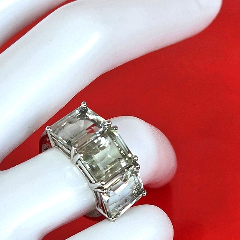 925 Sterling Silver Ring Sz 6.5 with Natural 3 Green Amethyst Stones 7x9mm